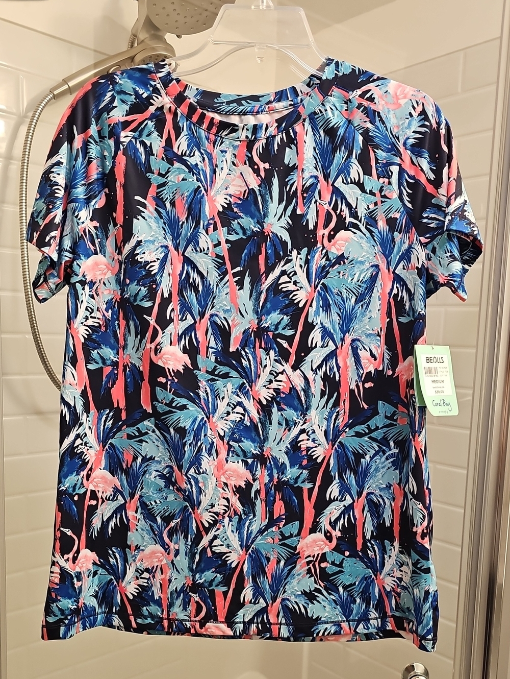 Coral Bay Energy Navy Tee with Pink Flamingo & Teal Palm Print. NWT. - Picture 2 of 6